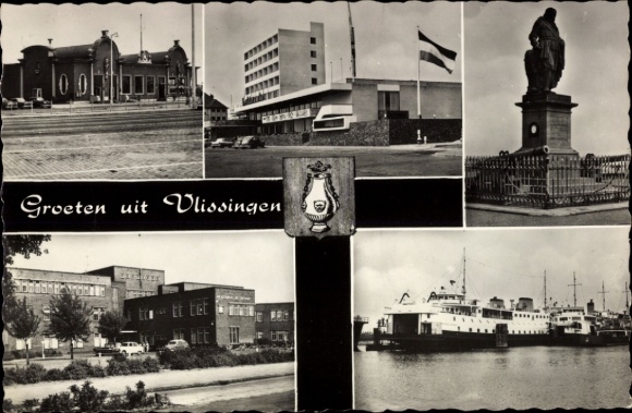 Ak Vlissingen Zeeland Niederlande, Verschiedene Gebäude, Statue, Schiff, Niederlande, Vlissingen