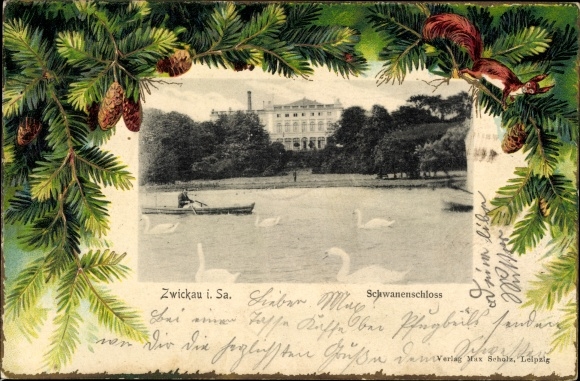 Passepartout PC Zwickau in Saxony, swan castle, swans, squirrels, rowing boat