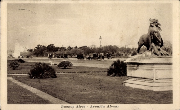 Postcard Recoleta Buenos Aires Argentina, lion statue, Avenida Alvear, street view, vehicles
