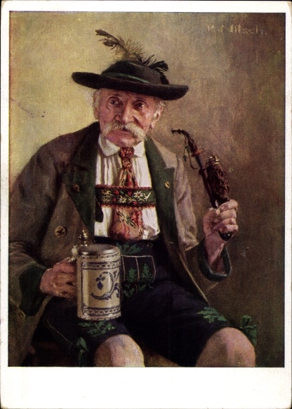 Kunstenaar Ansichtkaart Nitsch, R., Duitse rijk, klederdracht, Beierse boer uit Bad Tölz, pijp