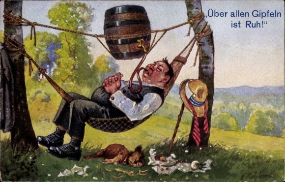 Künstler Ak Schlemo, E., Über allen Gipfeln ist Ruh, Bierfass, Hängematte