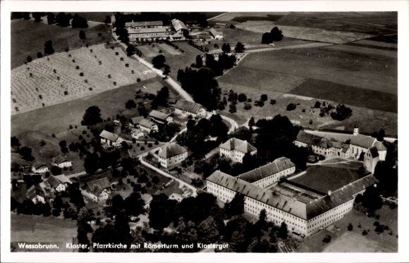 Postcard Wessobrunn in Upper Bavaria, monastery and parish church with Roman tower, aerial photograph