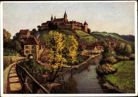 Artist PC Mößler, Ludwig, Comburg Schwäbisch Hall in Württemberg, partial view with castle