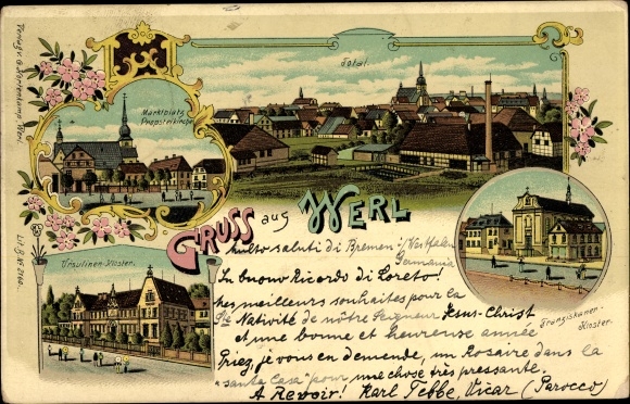 litho Werl in Westfalen, Ursulinenklooster, marktplein, Franciscaans klooster, overzicht