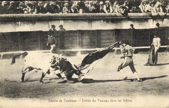 Ak Stierkampf, Course de Taureaux, Entrée du Taureau dans les Arènes