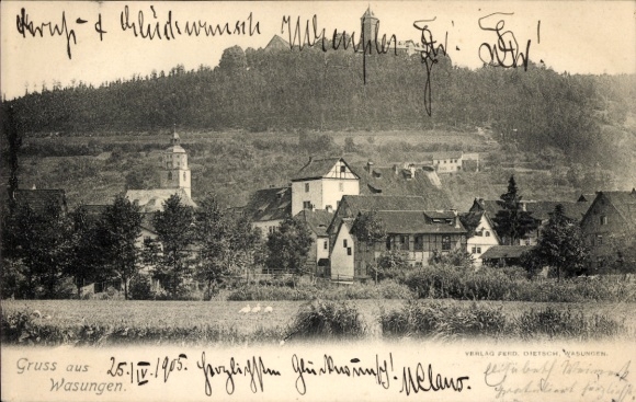 Postcard Wasungen Werra, total view of the village, Pfaffenburg