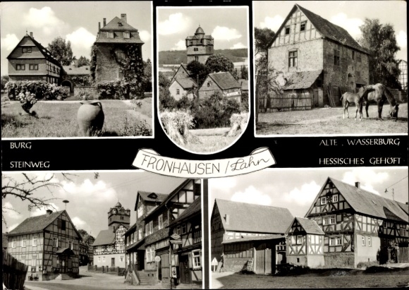Postcard Fronhausen in Hesse, old moated castle, castle, stone path, Hessian homestead, horses, half-timbered house