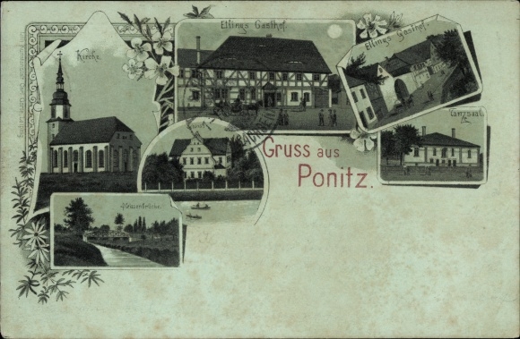 Moonlight Chromo-Litho Ponitz Altenburger Land Thuringia, Ettings Gasthof, church, dance hall