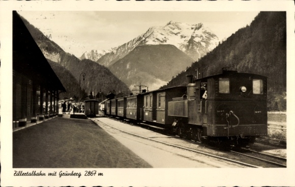 Postcard Mayrhofen in Zillertal Tirol, Zittertalbahn with Grünberg