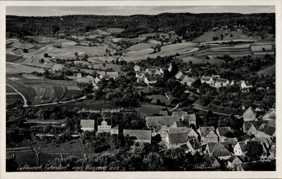 Ak Eutendorf Gaildorf am Kocher in Baden Württemberg, Fliegeraufnahme des Ortes, Kurhaus Schönblick
