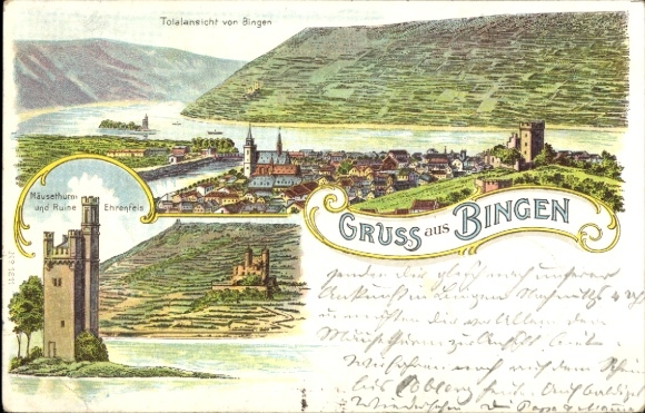Postcard Bingen am Rhein, view of Mäusethurm, ruins of Ehrenfels