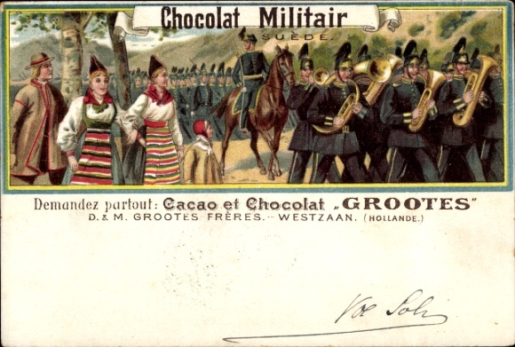 Chromo-Litho advertising, Chocolat Miliair, Cacao et Chocolat Grootes, Westzaan, Swedish soldiers