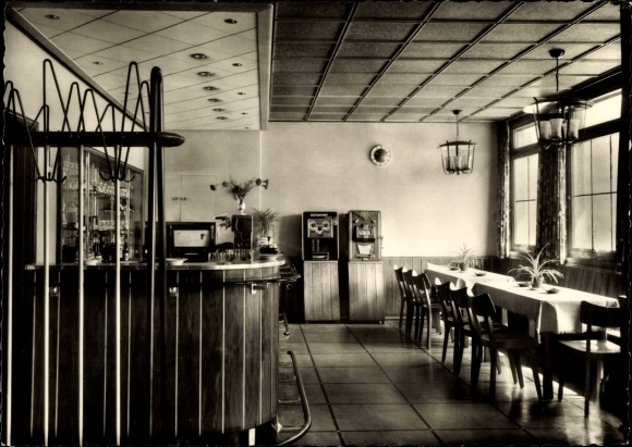 Postcard Buer Hassel Gelsenkirchen in the Ruhr area, restaurant Hugo Budde, Rotamint slot machine