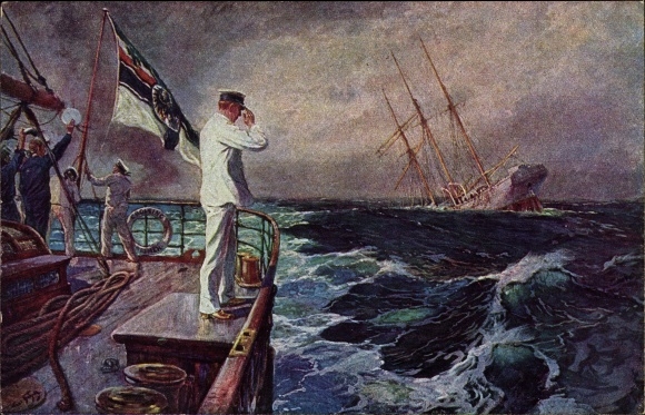 Artist PC Bohrdt, Hans, The Last Greeting, Lieutenant Captain Hellmuth von Mücke, SMS Emden, SMS Ayesha