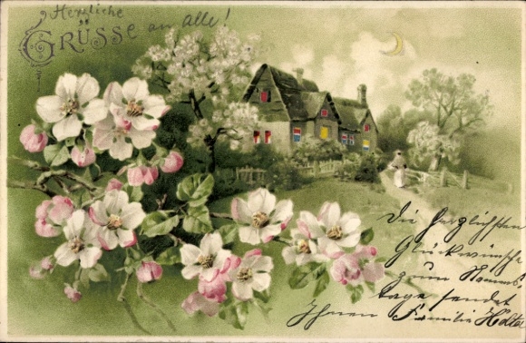 Postcard Dresden Schönfeld Weißig Krieschendorf, flower house, woman with child, crescent moon