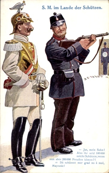 Postcard His Majesty in the land of the best marksmen, Kaiser Wilhelm II, visit to Switzerland, soldier