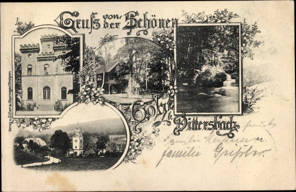 Postcard Dittersbach near Dürrröhrsdorf, long shot, river section, castle