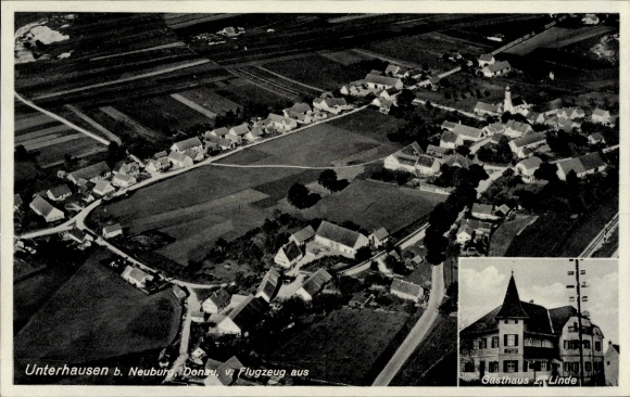 Postcard Unterhausen Oberhausen (near Neuburg/Donau) Upper Bavaria, aerial photograph, Gasthaus Linde, typical l
