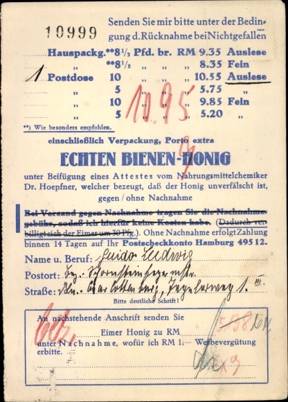 Postcard Hamburg Eimsbüttel Lokstedt Niendorf, specialist shop for real bee honey Paul Kogel