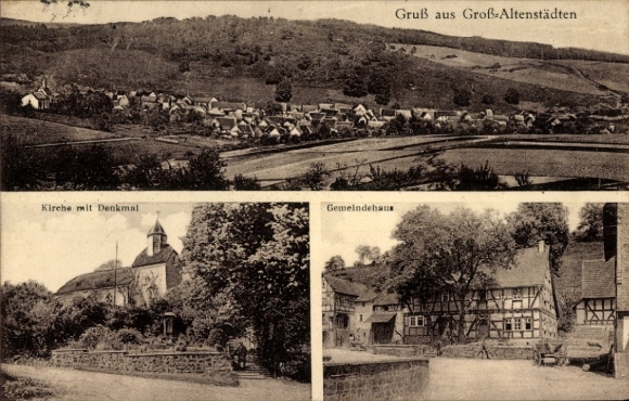 Postcard Großaltenstädten Groß Altenstädten Hohenahr Hesse, general view, church, monument, community center