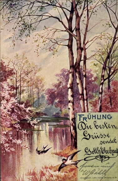 Chromo-Litho spring, allegory, season, swallows, forest, river, blossom
