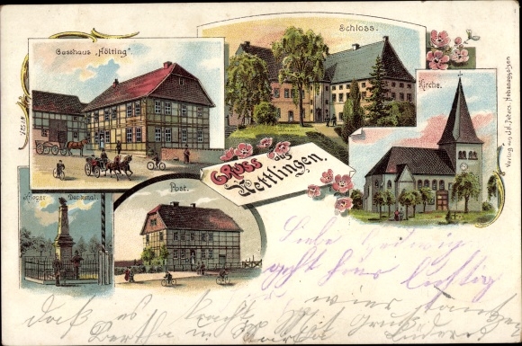 Chromo-Litho Nettlingen Söhlde, Gasthaus Hölting, castle, church, war memorial, post office