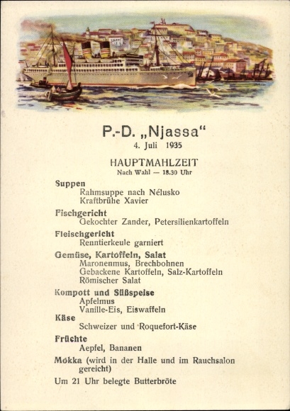Postcard Post Steamer Njassa, DOAL, Woermann line, menu July 4, 1935, choice of main meal