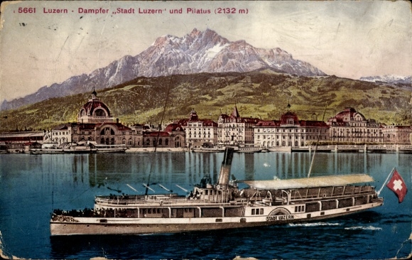 Postcard Lucerne city of Switzerland, steamer city of Lucerne, Pilatus