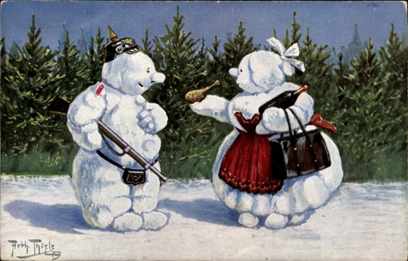 Künstler Ak Thiele, Arthur, Schneemann mit Pickelhaube und Gewehr, Schneefrau, Mein Liebling