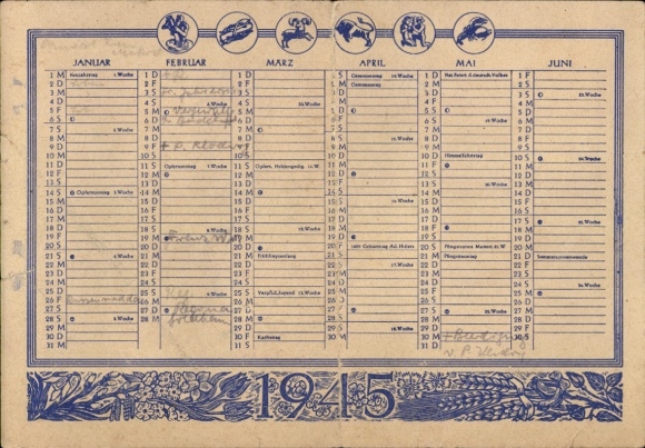 Postcard calendar 1945 with birthday, zodiac sign
