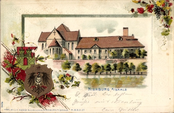 Gepreegd wapen litho Nienburg in Saksen Anhalt, kloosterkerk