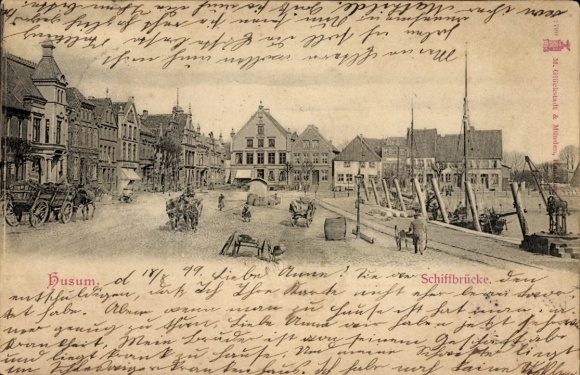 Ak Husum in Nordfriesland, Hafenansicht,  Architektur, Kutschen, Schiffbrücke