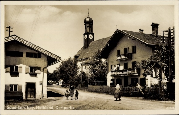 Postcard Schaftlach Waakirchen Bavaria, village party, church