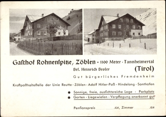 Postcard Zöblen in Tirol, Gasthof Rohnenspitze, Tannheimertal, winter view
