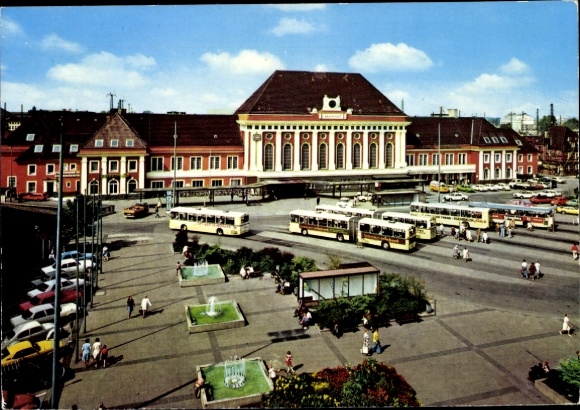 Postcard Hamm in Westphalia, train station, forecourt, buses, fountain