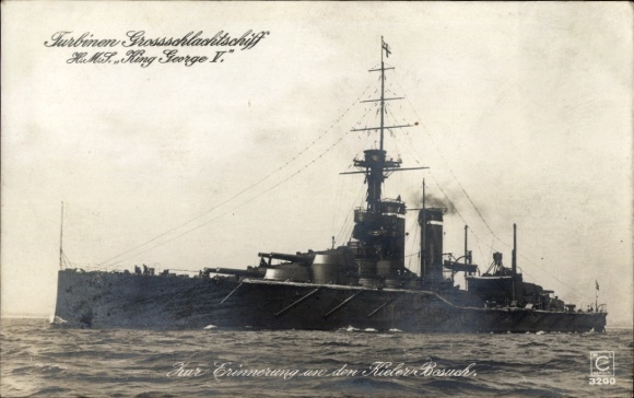 Postcard British warship HMS King George V, turbine battleship, Royal Navy, Kiel Week