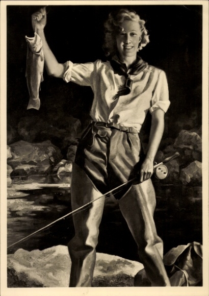 Künstler Ak Engelhard, Jul. U., Sportfischerin, Frau mit Angel und Fisch, HDK 422