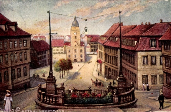 Ak Gotha in Thüringen, Stadtansicht von  Uhrturm, Häuser, Parkplatz