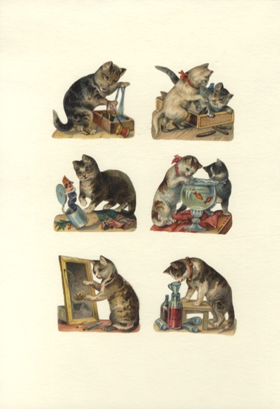 6 Oblaten Katzen beim Spielen, mit Wolle, Kasper, Goldfischen, je ca. 6 x 7 cm