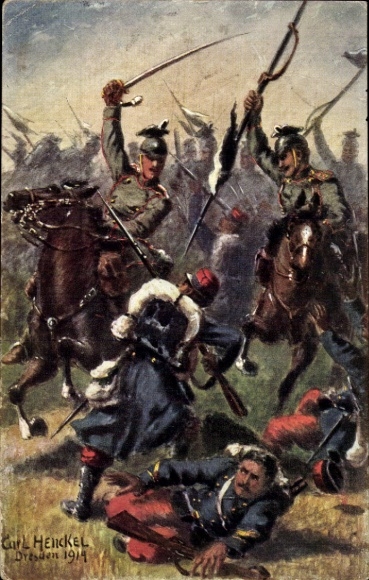 Kunstenaar Ak Henckel, Carl, Slagveldscène, Duitse Ulanen, Franse infanterie