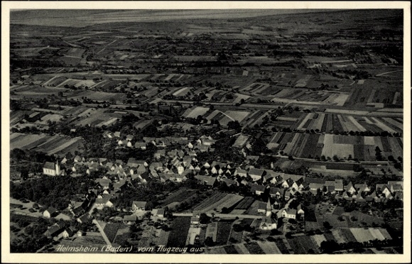 Postcard Helmsheim Bruchsal in Kraichgau Baden, aerial view of Helmsheim, fields, villages, aircraft