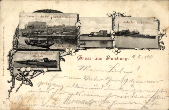 Postcard Duisburg in the Ruhr area, To the Father Rhine, Rhine port, German-American Petroleum Society