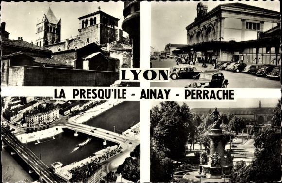 Postcard Lyon Rhône, Ainay Basilica, Perrache station, The Saone at the Kitchner bridge, Place Carnot