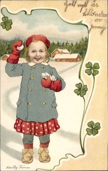 Artist Chromo-Litho Lindberg, Lisa, Girl with snowballs, shamrocks