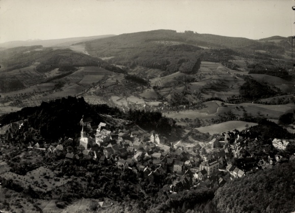 Postcard Lindenfels in the Odenwald, black and white photo of a town in a valley surrounded by wooded b...