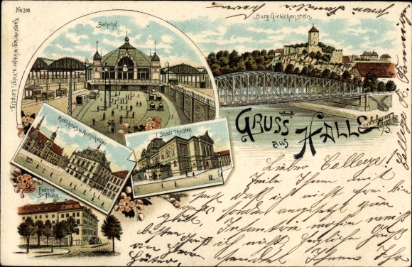 Chromo-Litho Halle an der Saale, city theater, train station, town hall, Ratskeller, Franke Foundation, Giebichenstein