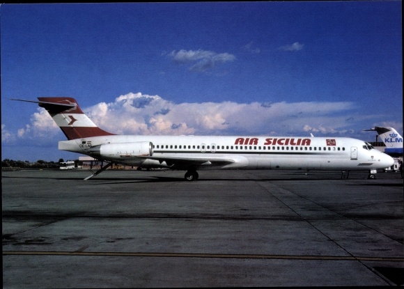 Postcard Italian passenger plane, Air Sicilia, McDonnell Douglas MD 87, OE LML
