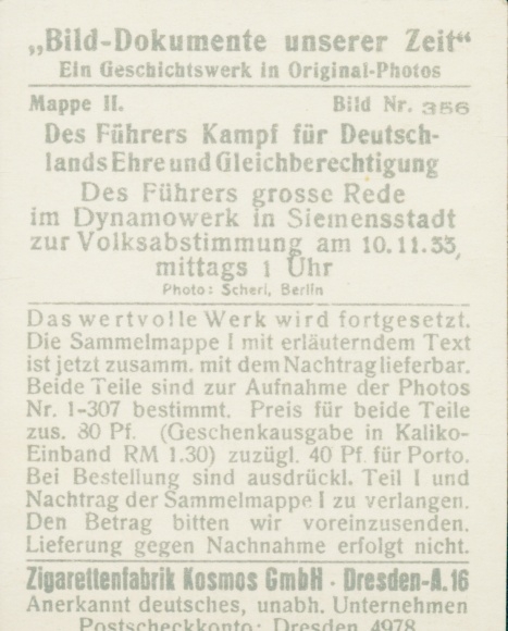 Collection of picture documents of our time No. 356 Speech by the Führer in the Siemensstadt dynamo plant in 1933