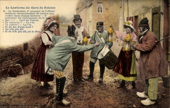 Postcard Falaise Calvados, people in traditional costumes, lanterns