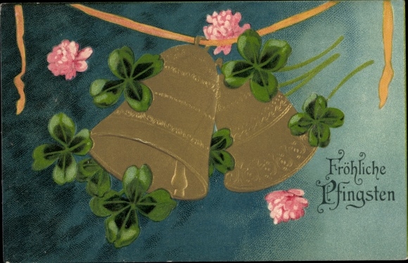 Embossed PC congratulations Pentecost, lucky clover, bells